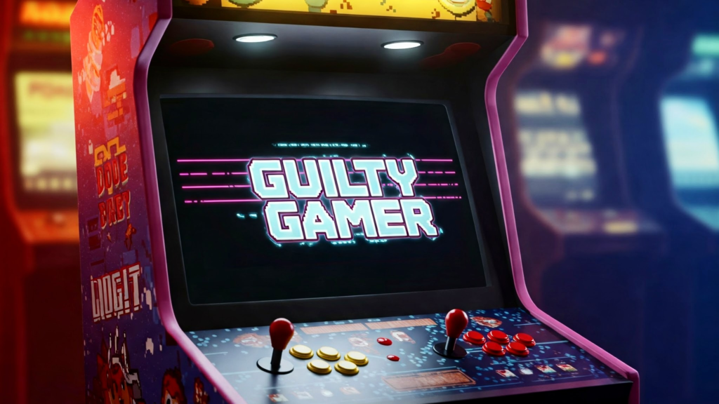 Guilty Gamer log spelled right, on a gaming cabinet screen, generated with Gemini AI