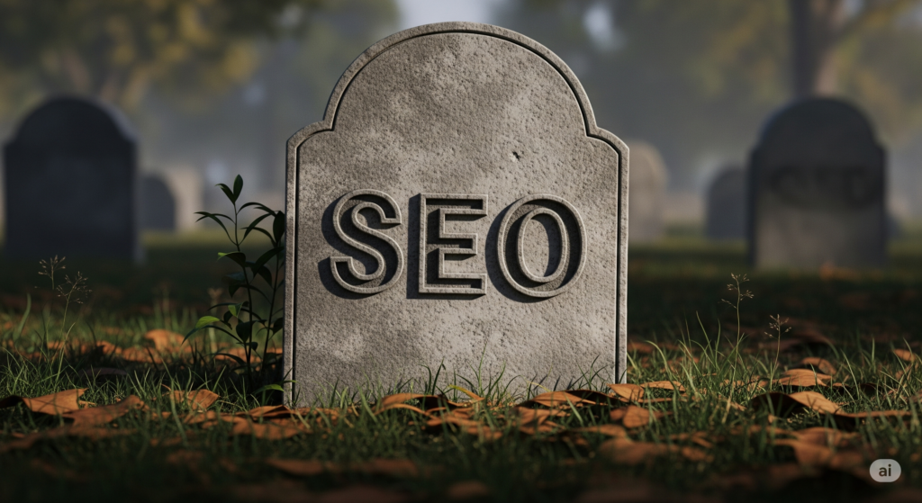Gemini image showing a tombstone in a graveyward with the word SEO on the stone