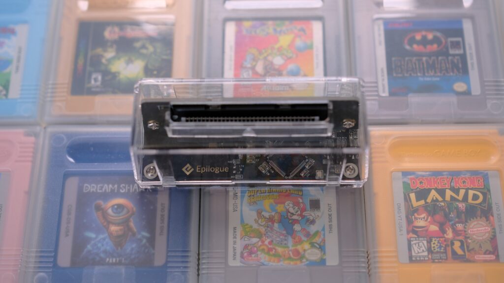 Epilogue GB Operator on top of Game Boy carts