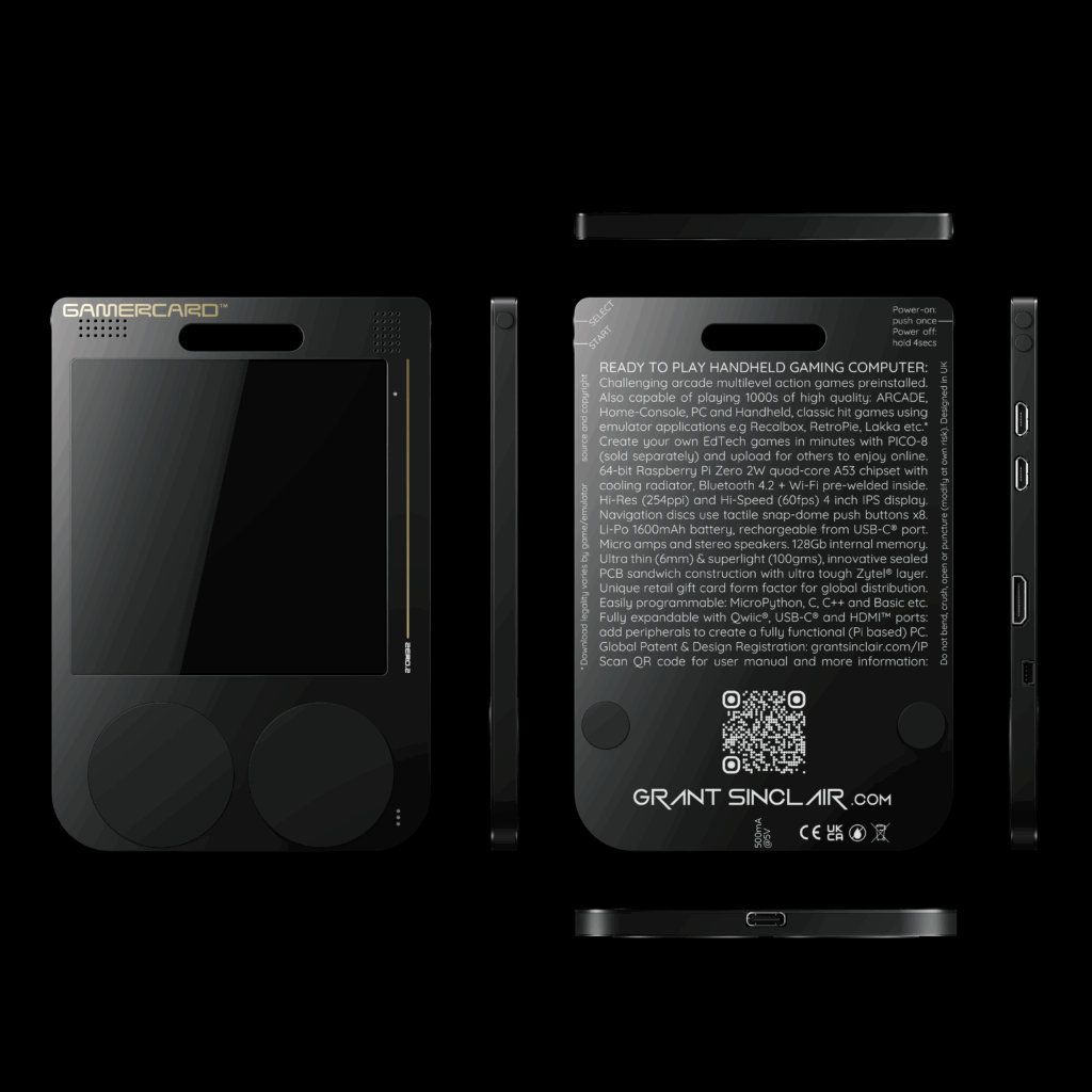 GamerCard front, back, bottom, and side profiles on black background