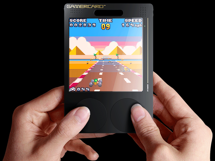 GamerCard held in hand playing Pico Racer with black background