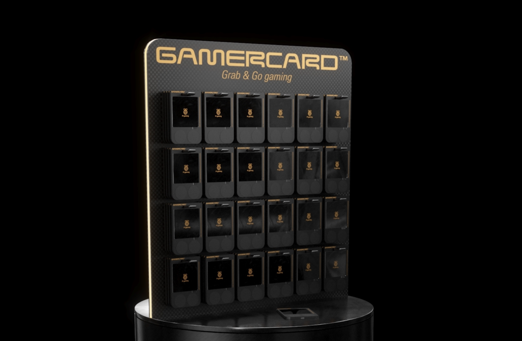 GamerCard on display rack showing many devices hanging, on black background