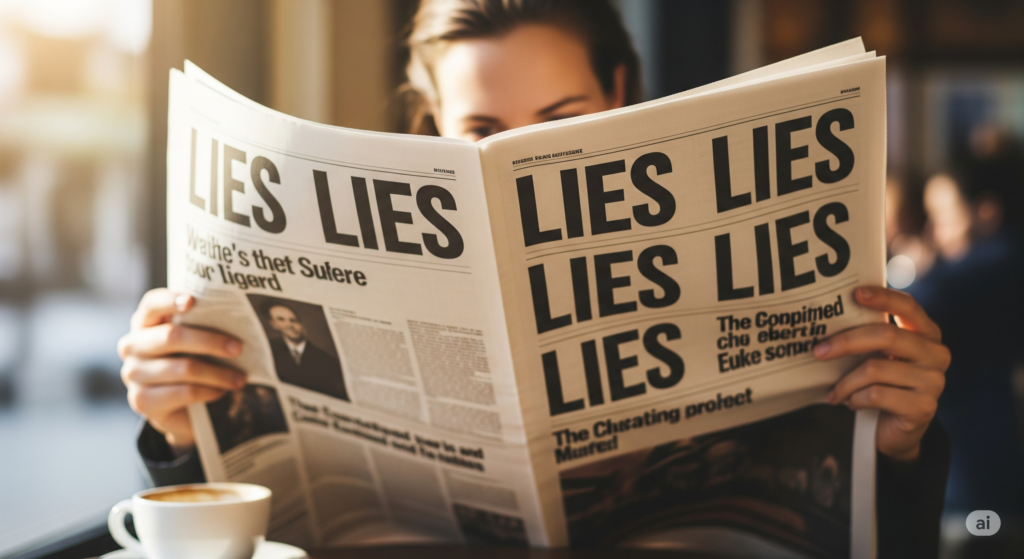 Person reading paper with the words lies as the text, generated with Gemini AI