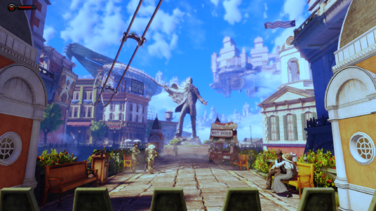 A screenshot of the player's introduction to Columbia in BioShock: Infinite.