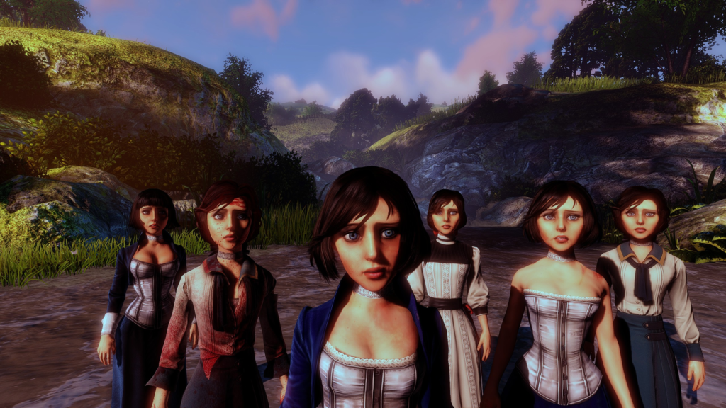 A screenshot of multiple Elizabeths right before they drown the player character at the end of BioShock: Infinite.