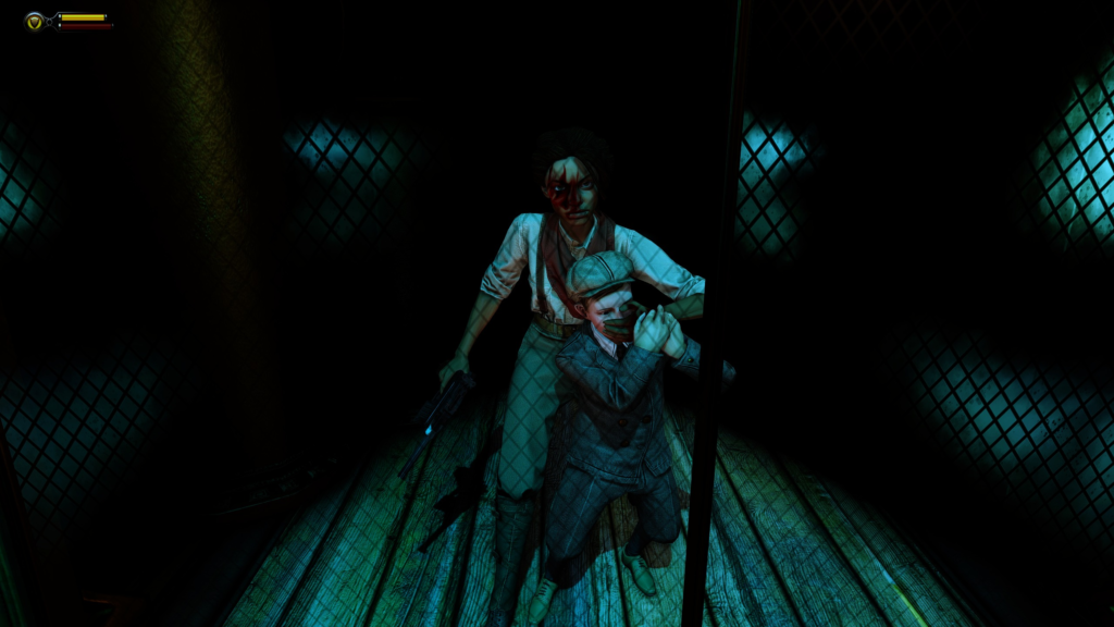 Fitzroy threatening to shoot Jeremiah Fink's son in BioShock: Infinite.