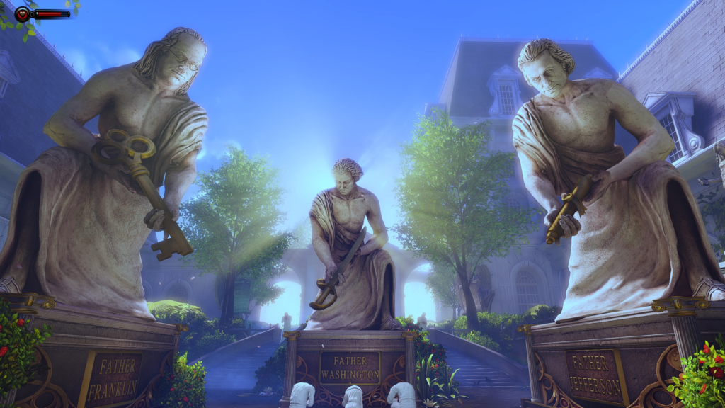 A screenshot of the Founding Fathers statues at the entrance to Columbia in BioShock: Infinite.
