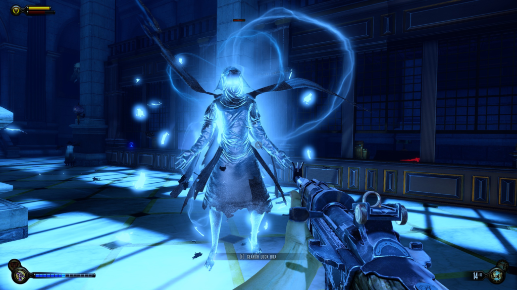 A screenshot of Lady Comstock's ghost battle in BioShock: Infinite.