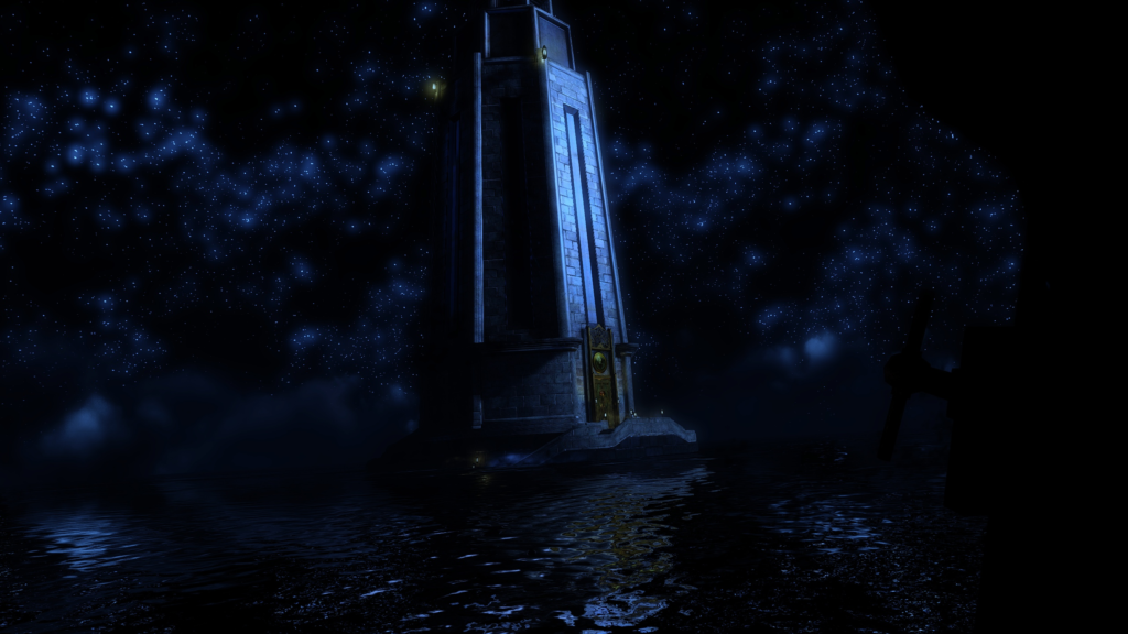 A single lighthouse at night in BioShock: Infinite.