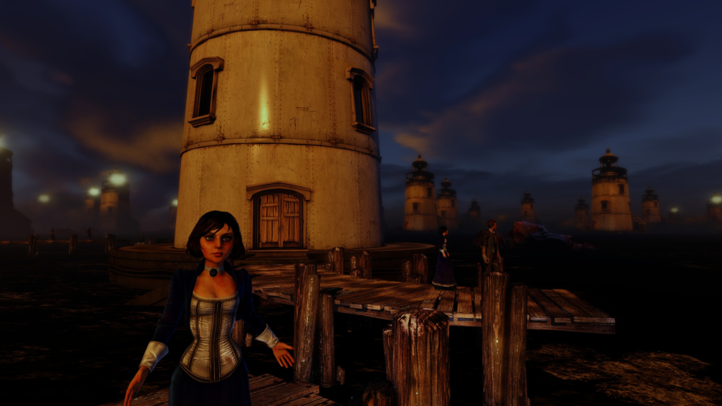 A screenshot of the lighthouses in the Sea of Doors during twilight in BioShock: Infinite.