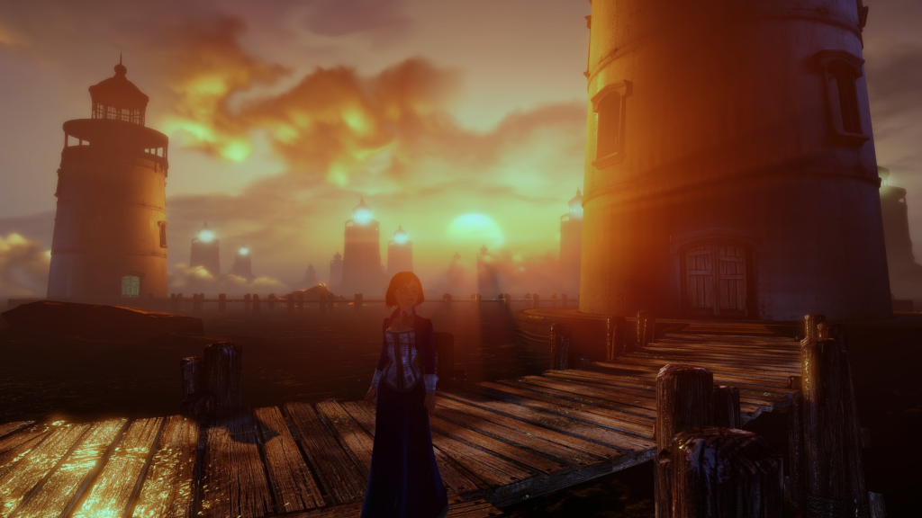 A screenshot of the lighthouses making up the Sea of Doors in BioShock: Infinite during sunrise.