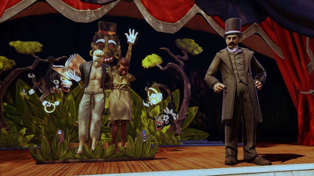 A screenshot of a mixed-race couple being persecuted on stage during the Lottery scene in BioShock: Infinite