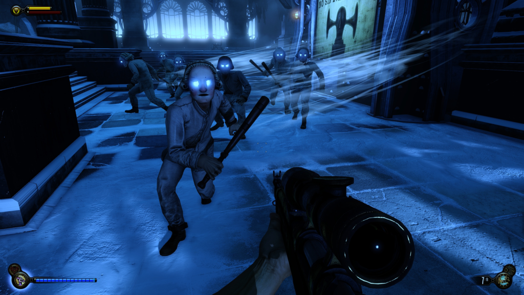 A screenshot of the Lunatics enemies in Comstock House in BioShock: Infinite.