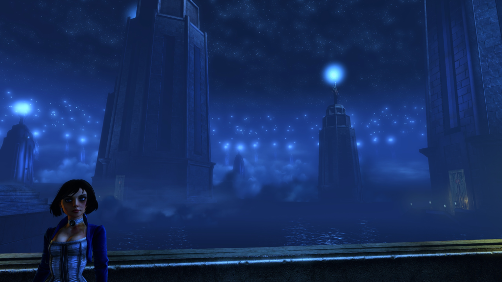 A screenshot of the lighthouses of the Sea of Doors in BioShock: Infinite at night.
