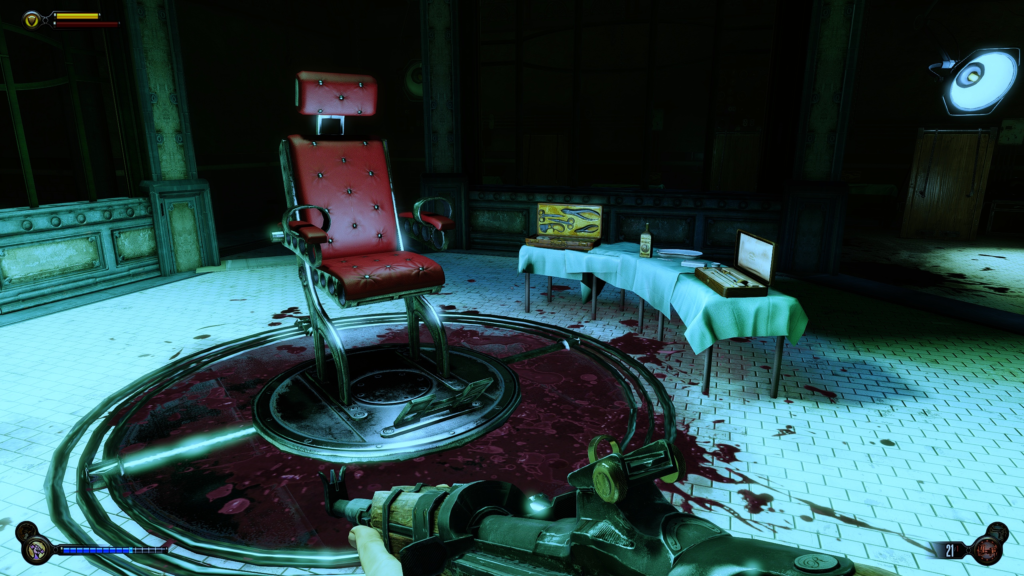 A screenshot of a bloody dentist's chair in BioShock: Infinite.