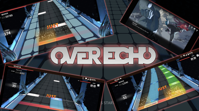OverEcho title screen overlaid with screenshots from the game