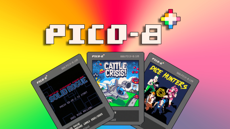 3 Pico-8 pngs below the Pico-8 logotype over a rainbow gradient background