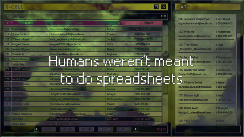 Humans weren't meant to do spreadsheets text over unsettling background over spreadsheet app