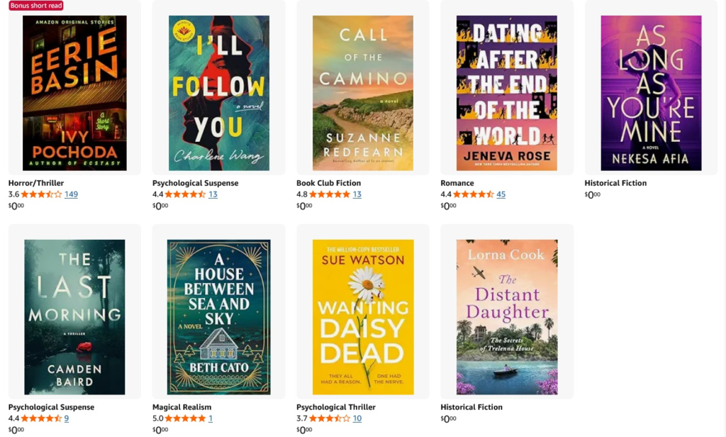 Screenshot of Amazon's first reads choices for September, plus bonus short read