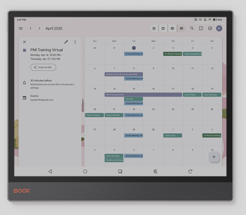 Boox Tab X C image showing calendar