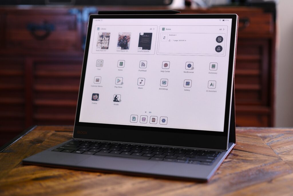 Boox Tab X C tented in Keyboard Cover showing screen on