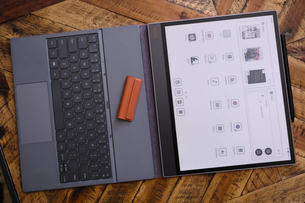 Boox Tab X C laying on table inside of Keyboard Cover case