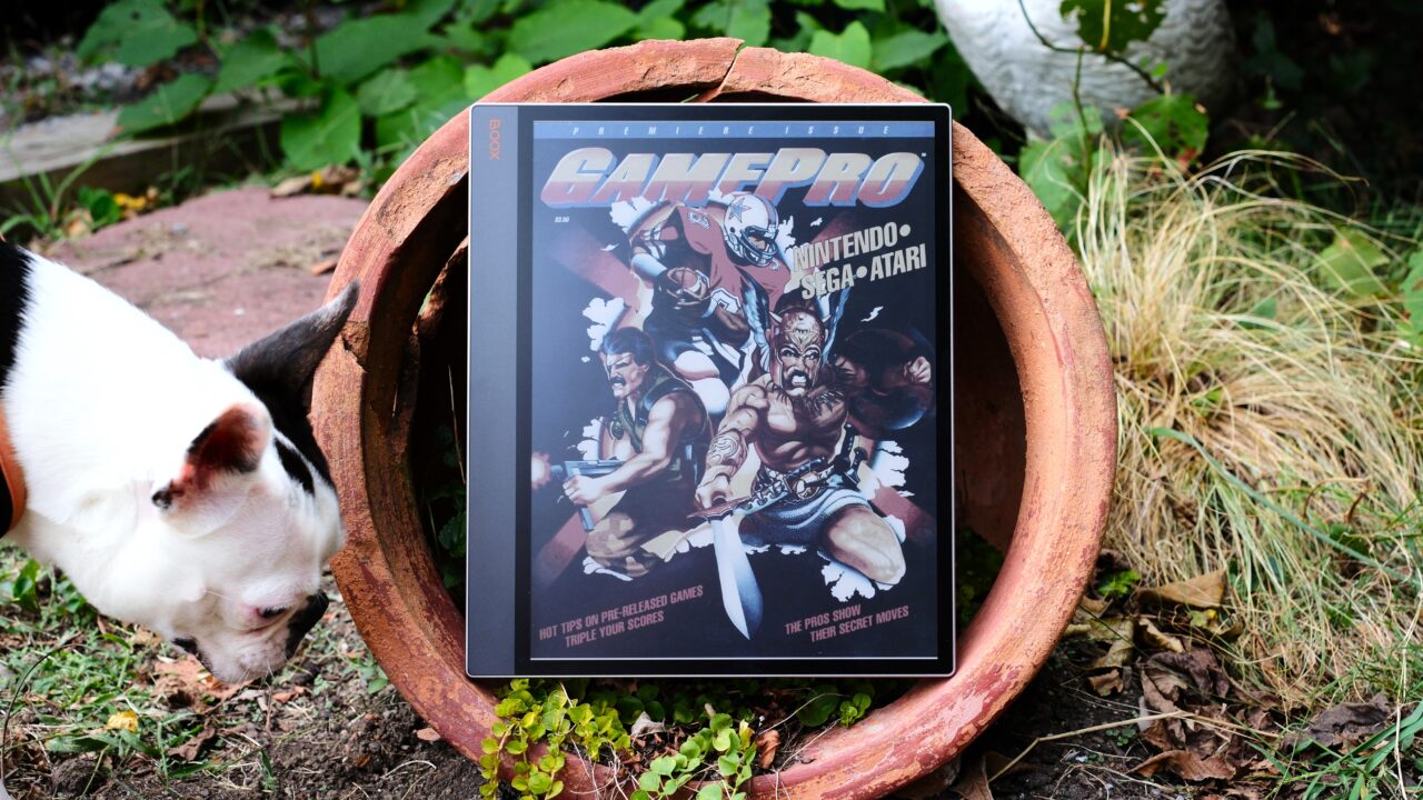 Boox Tab X C sitting on the edge of a clay pot that is on its side, with a dog off the left