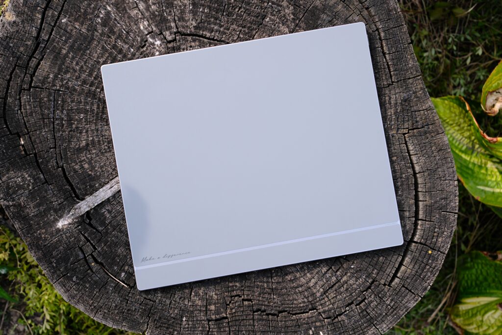 Boox Tab X C showing rear of device while resting on a tree stump