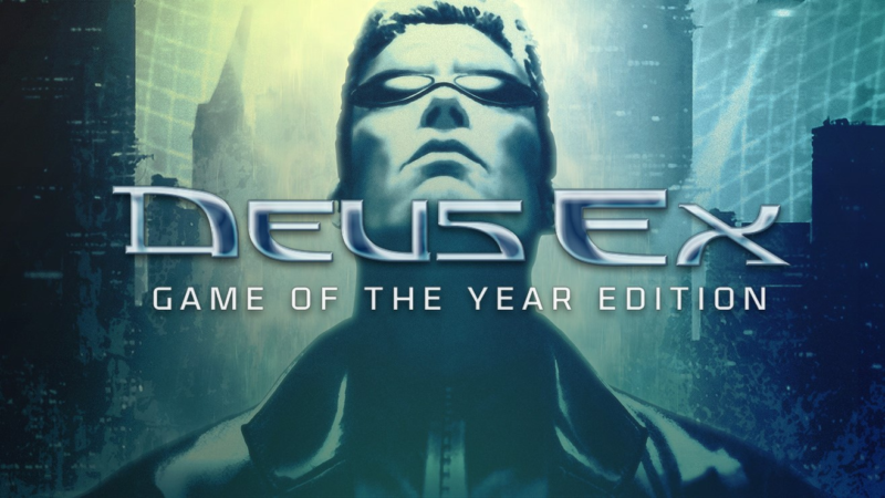 Deus Ex: Game of the Year Edition art showing character head with city behind them