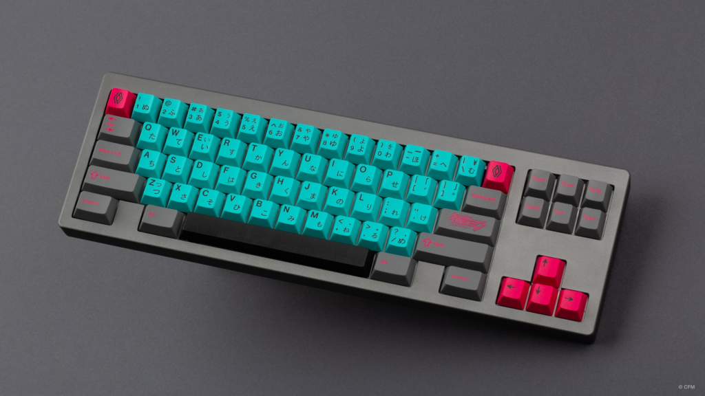 Hatsune Miku keycaps on FRL TKL WKL keyboard with gray background