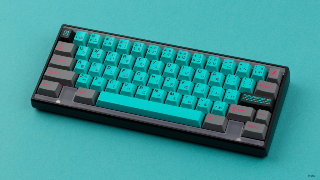 Hatsune Miku keycaps on 60% keyboard with teal background