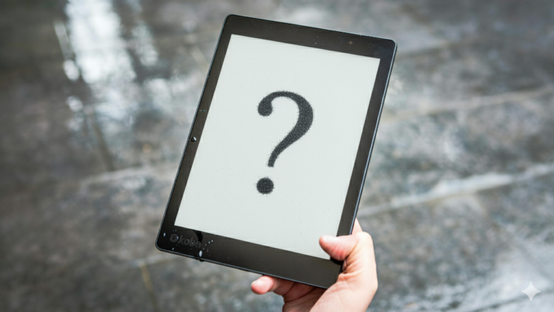 Kobo e-reader held in hand with screen showing question mark