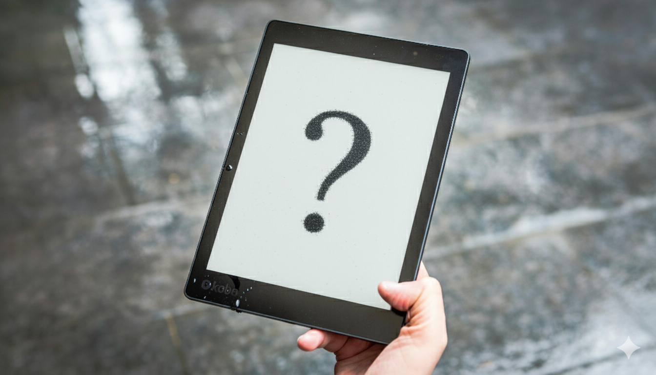 Kobo e-reader held in hand with screen showing question mark