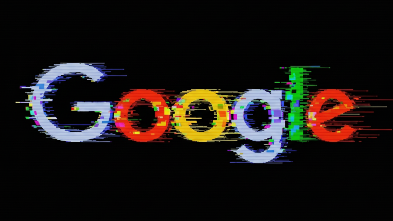 Google logo generated with Gemini that looks buggy with glitches, on black background