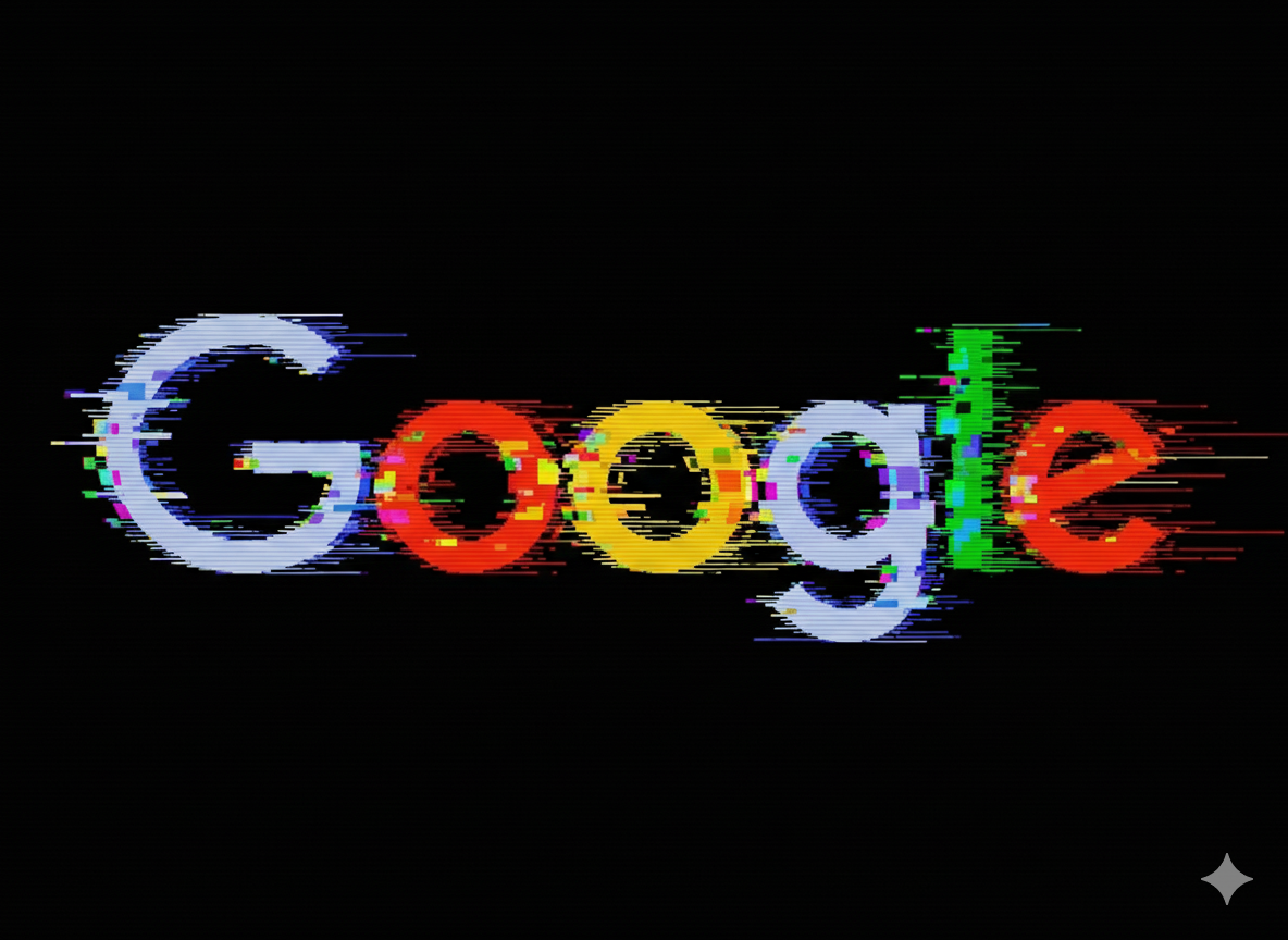 Google logo generated with Gemini that looks buggy with glitches, on black background