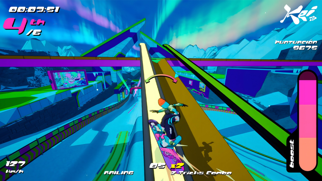 HYPERYuki: Snowboard Syndicate screenshot showing character grinding a rail on snowboard