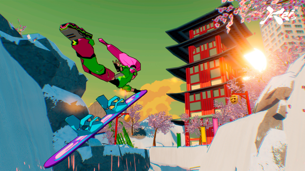 HYPERYuki: Snowboard Syndicate screenshot showing character doing an air trick holding their snowboard