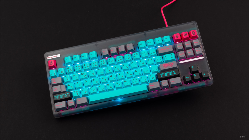 Classic-TKL with GMK Hatsune Miku keycaps on black background