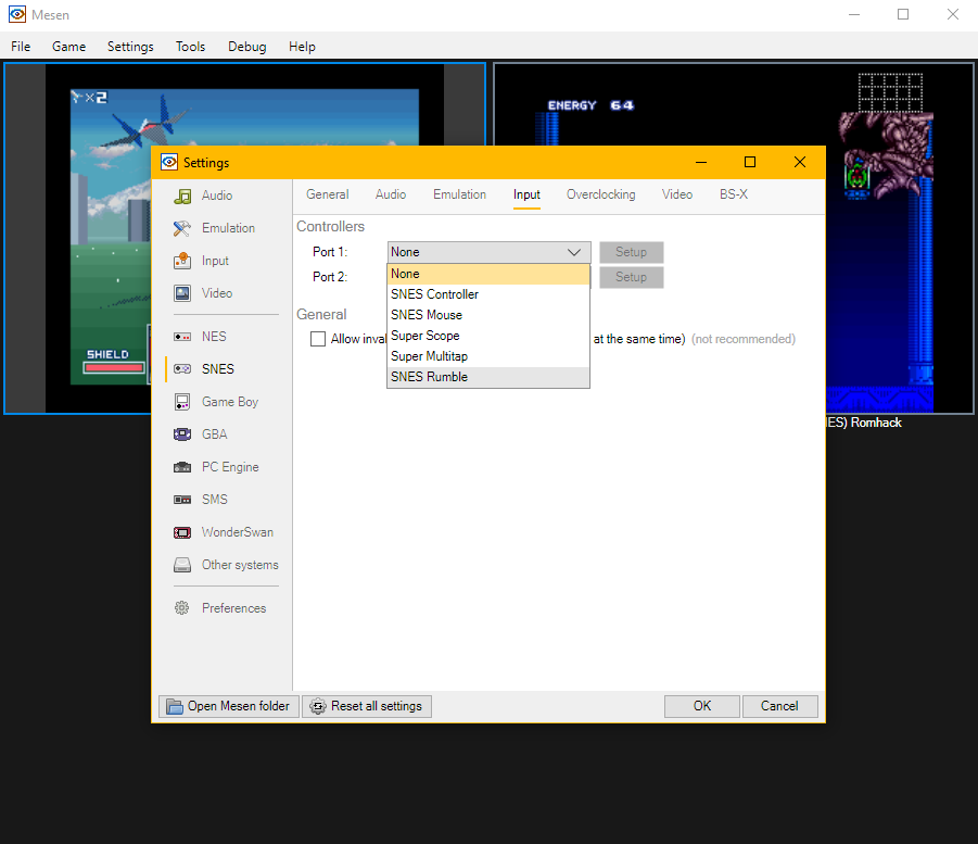 Screenshot of Mesen emulator Input menu for rumble