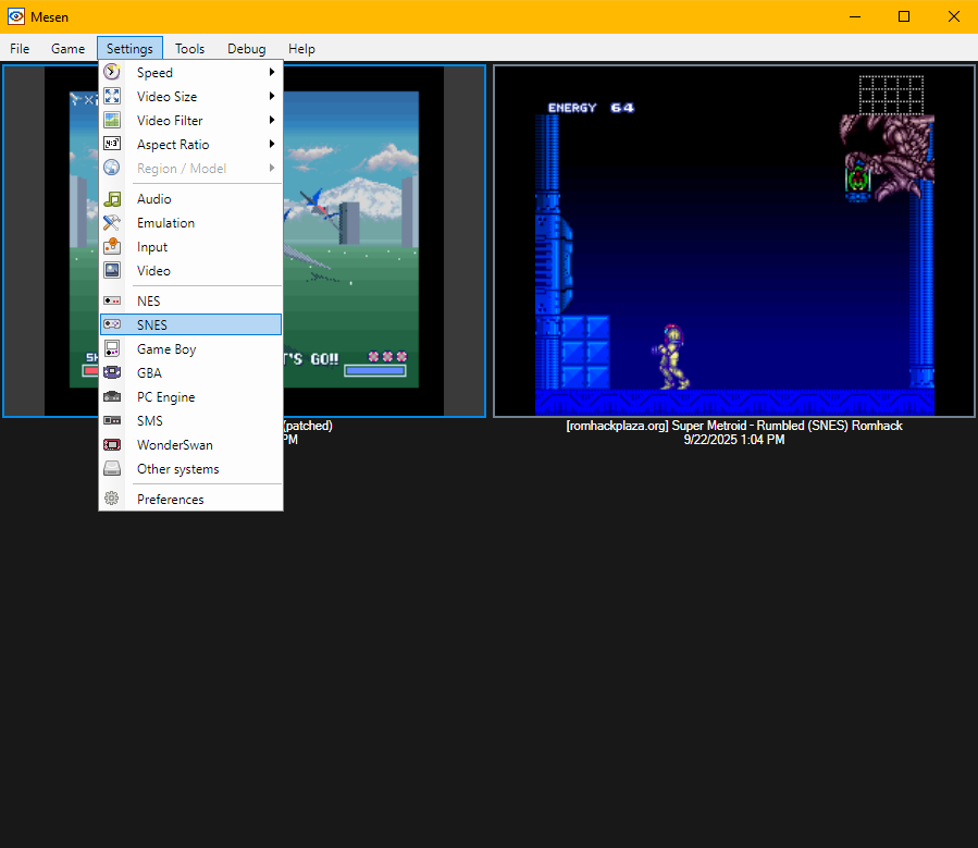 Screenshot of Mesen emulator SNES menu