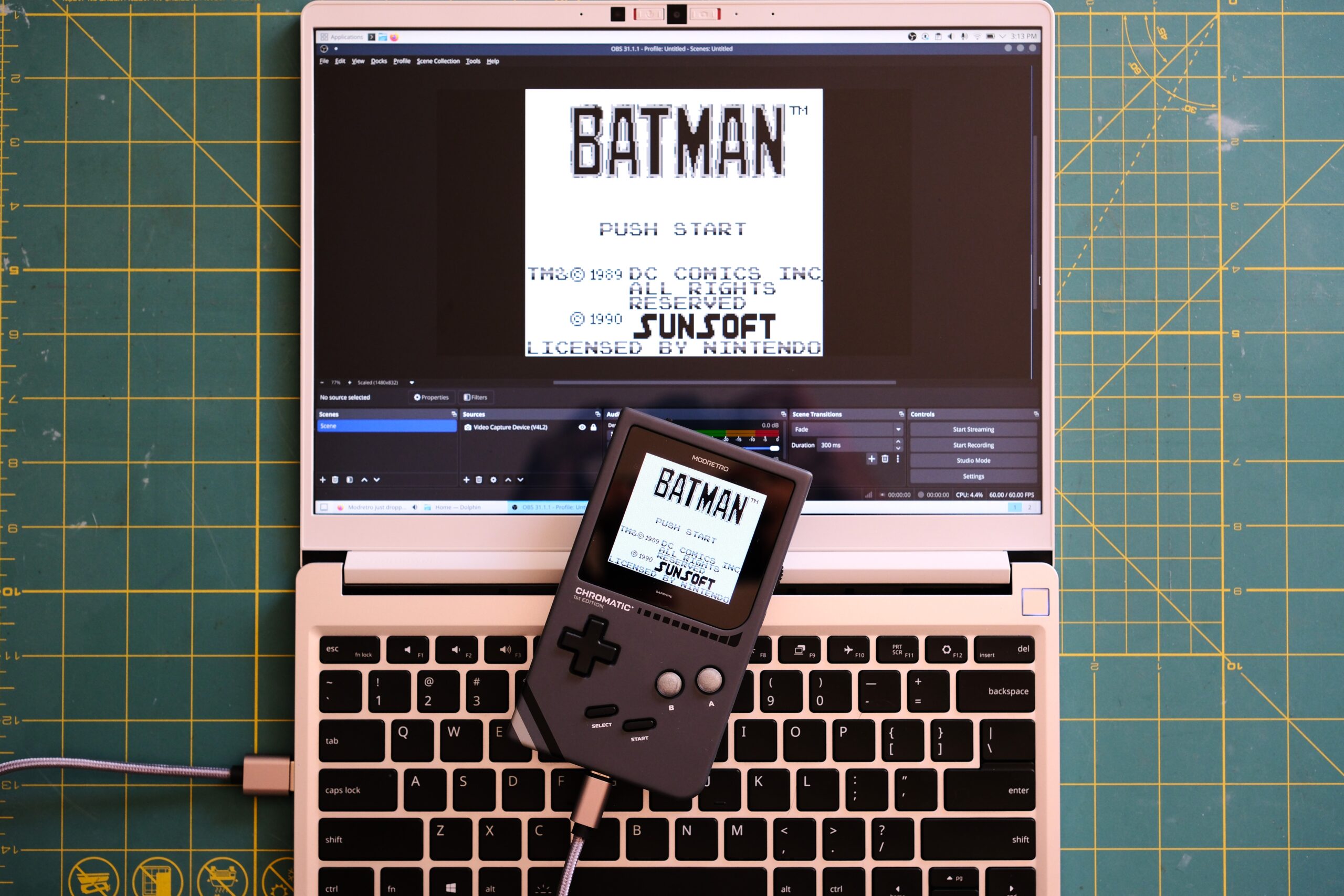 Modretro Chromatic laying on laptop using OBS software