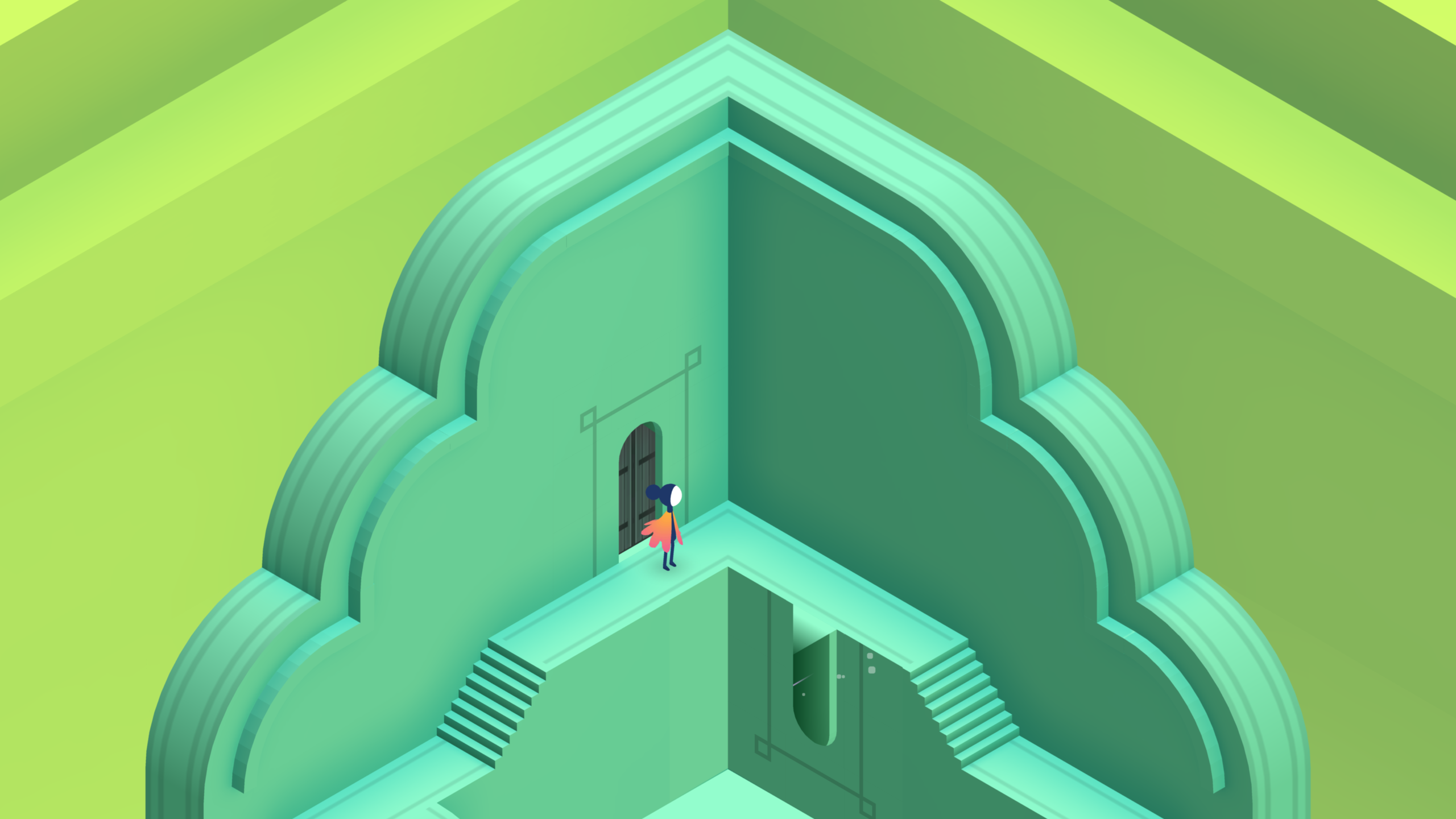 Monument Valley 2 screenshot showing green level and character