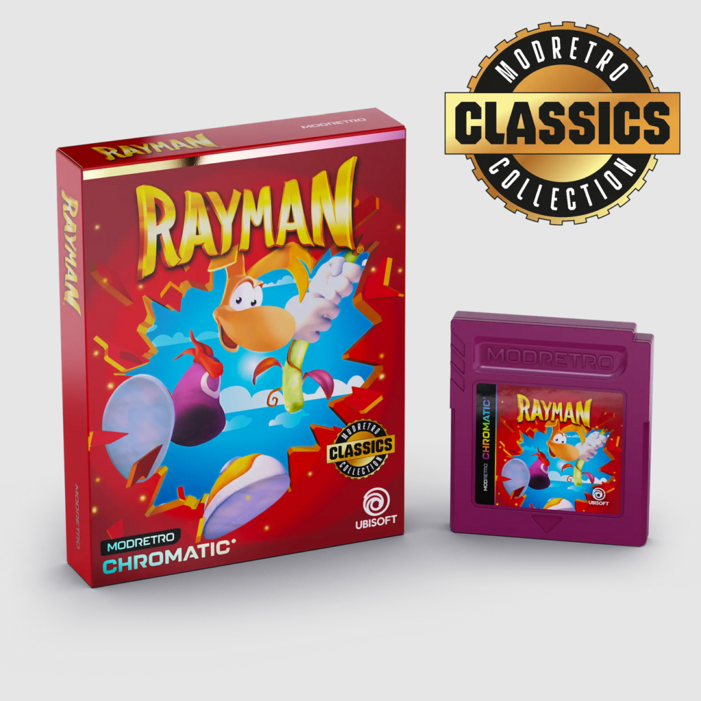 Modtretro's Rayman box and cart pictured on gray background