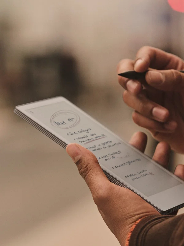 reMarkable Paper Pro Move held in hand while writing with pen