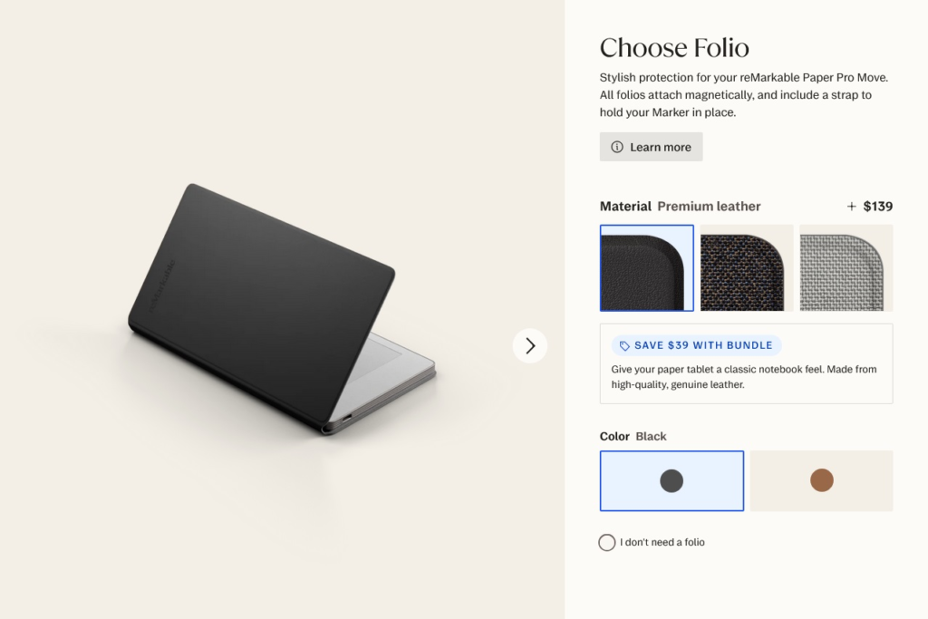 reMarkable Paper Pro Move folio options from store screenshot