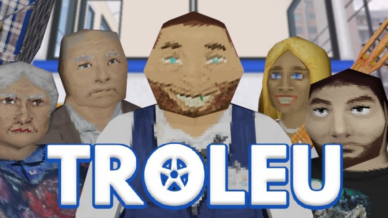 TROLEU logo with characters in background