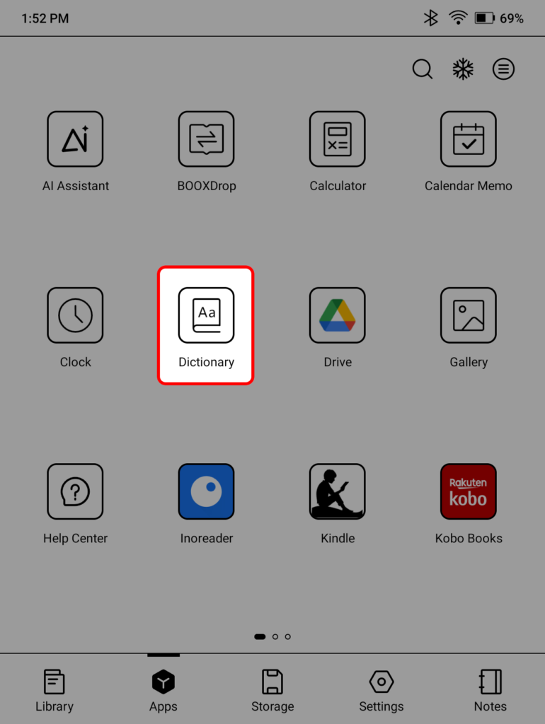 Boox Go 7 Apps tab highlighting the Dictionary app