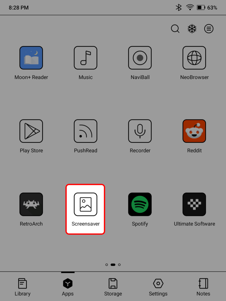 Boox Go 7 Apps tab highlighting the Screensaver app