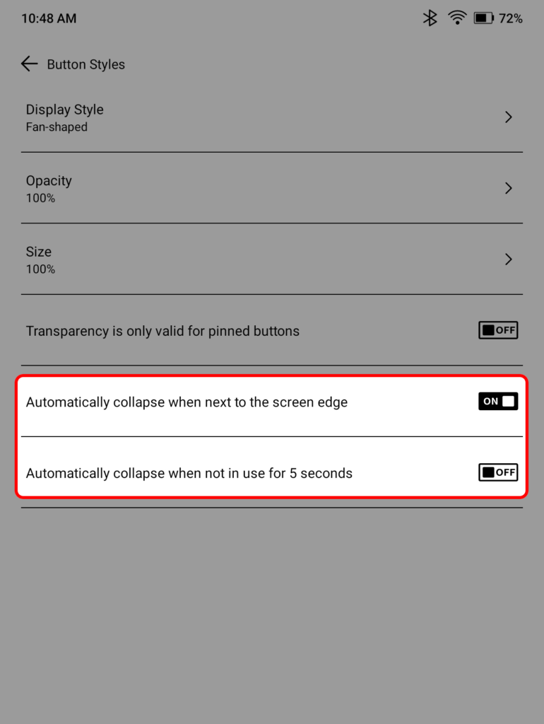Boox Go 7 NaviBall Button Styles menu highlighting the NaviBall collapse options