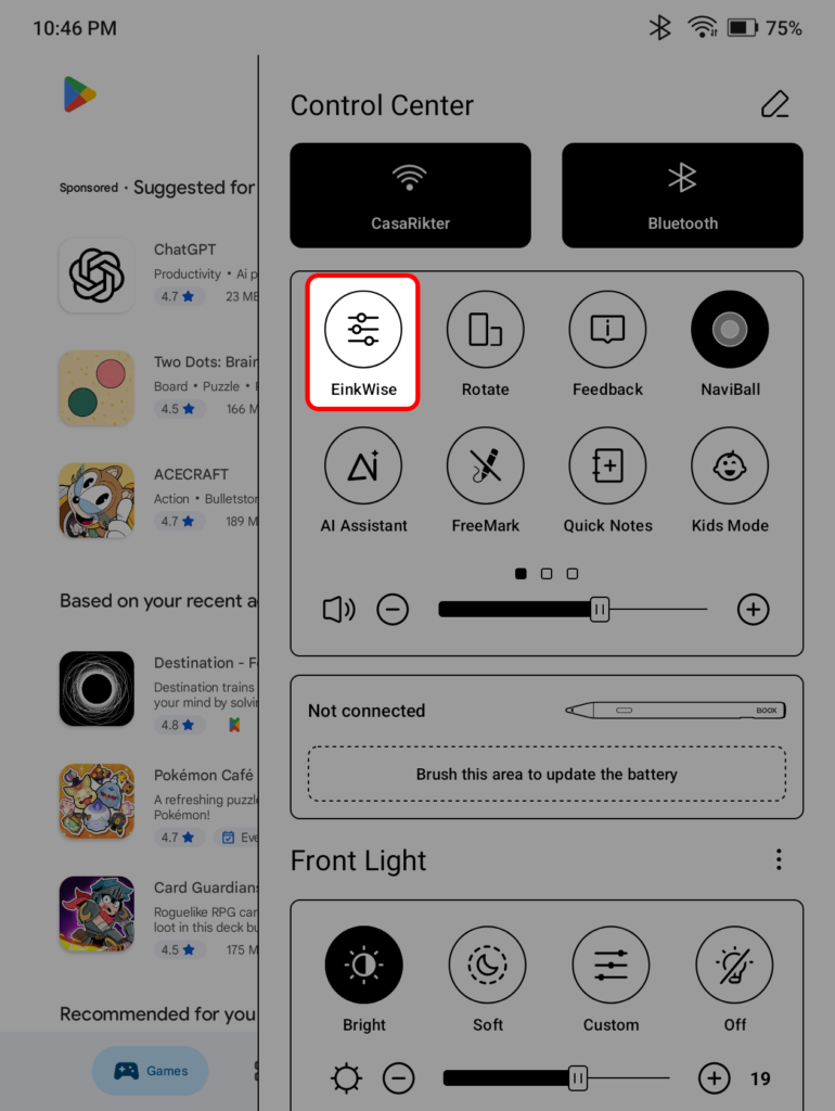Boox Go 7 Control Center highlighting the EinkWise option